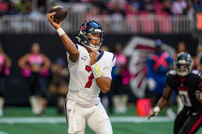 Oct 8, 2023; Atlanta, Georgia, USA; Houston Texans quarterback C.J. Stroud (7) passes against the Atlanta Falcons during the first half at Mercedes-Benz Stadium. Mandatory Credit: Dale Zanine-USA TODAY Sports